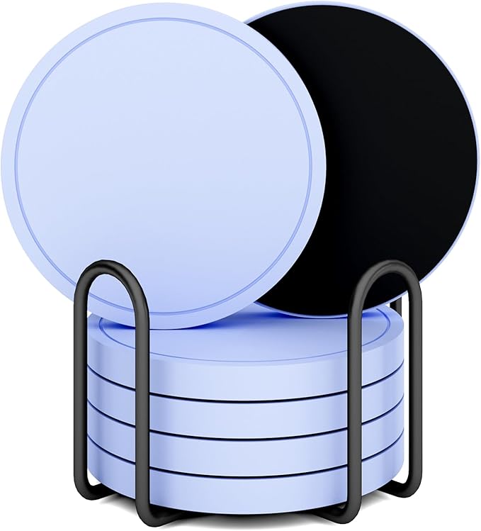 Azhou 6Pcs Drink Coaster with Holder, Baby Blue Absorbent Coasters for Drinks, Non-Slip with Velvet Bottom, Thick Heavy Duty 4 inch Ceramic Coasters, Home Decor Coffee Bar Accessories