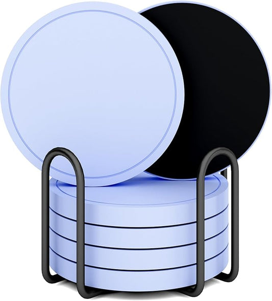 Azhou 6Pcs Drink Coaster with Holder, Baby Blue Absorbent Coasters for Drinks, Non-Slip with Velvet Bottom, Thick Heavy Duty 4 inch Ceramic Coasters, Home Decor Coffee Bar Accessories