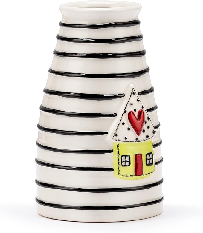 DEMDACO Black Stripe Yellow House with Heart 3 x 5 Stoneware Mini Decorative Vase