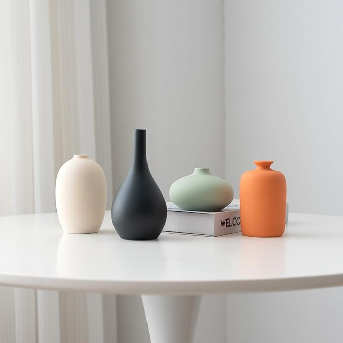 Set of 4 Small Matte Ceramic Vases - Modern & Bohemian Decor for Home, Office, Shelve, Living Room Table, Mantel, Bedroom, Entryway, Rustic Farmhouse Decorative Vases & More（Hademade