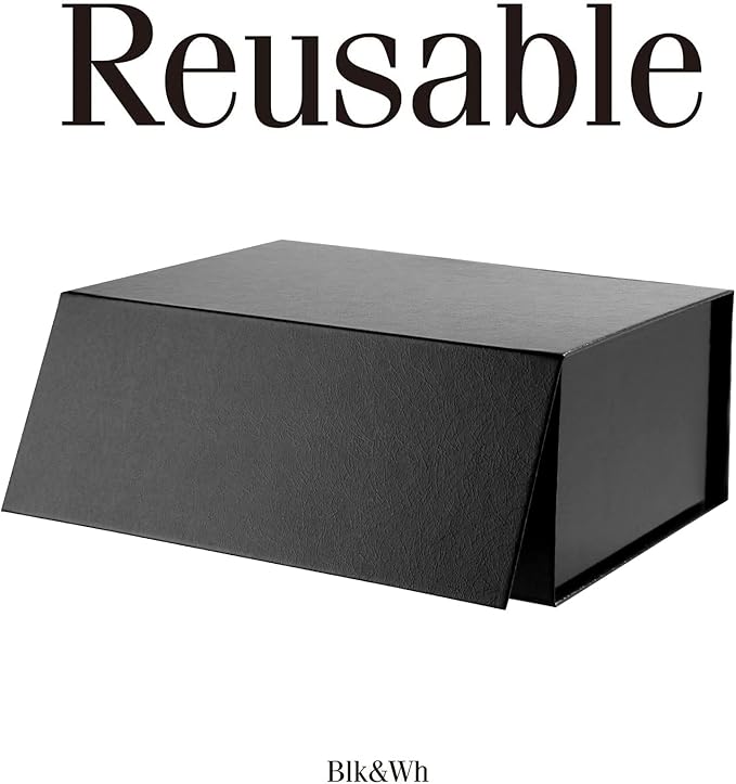 BLK&WH 6 Gift Boxes 9x6.5x3.8 Inches, Black Gift Boxes, Gift Boxes with Lids, Collapsible Gift Boxes for Gift Packaging (Glossy Black with Grass Texture)