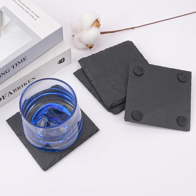 20 Pack 4 Inch Square Slate Coasters,Black Stone Coasters with Anti-Scratch Bottom, Ideal for Home Decor, Bar, Housewarming Gifts, and Laser Engraving KUKLIPJIM