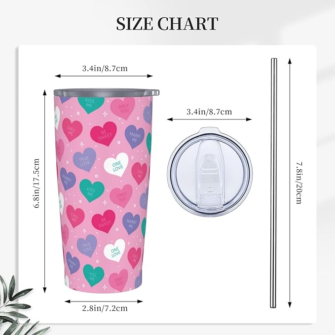 Valentine’s Day Tumbler,Heart 20oz Stainless Steel Insulated Travel Tumblers,Travel Coffee Mug with Lid and Straw Water Bottle Drink Tumbler Cups Gifts for Women Men Lovers