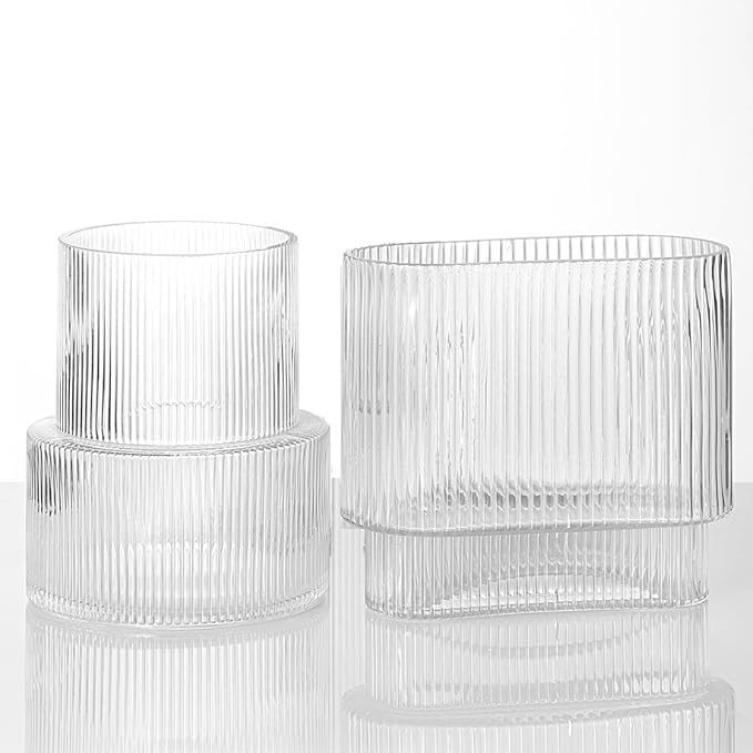 Ribbed Glass Vases, Set of 2 Fluted Vases for Flowers, Clear Vase for Tulips, Modern Glass Vase for Living Room, Dining Table, Office, Entryway, Mantle, Bookshelf, Wedding Gifts