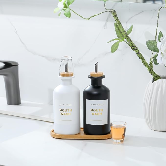 11.8OZ Mouthwash Dispenser for Bathroom with Bamboo & Stainless Steel Pour Spout, Mouthwash Cups Reusable, Bamboo Tray, and Elegant Gold Label. Set of 2（Black/White