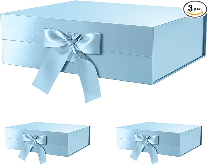 GREEN BEAN 3 Extra Large Gift Box with Lid for Present 16.3x14.2x5 Inches, Baby Blue Magnetic Gift Box with Ribbon for Clothes and Large Gifts (Glossy Baby Blue)