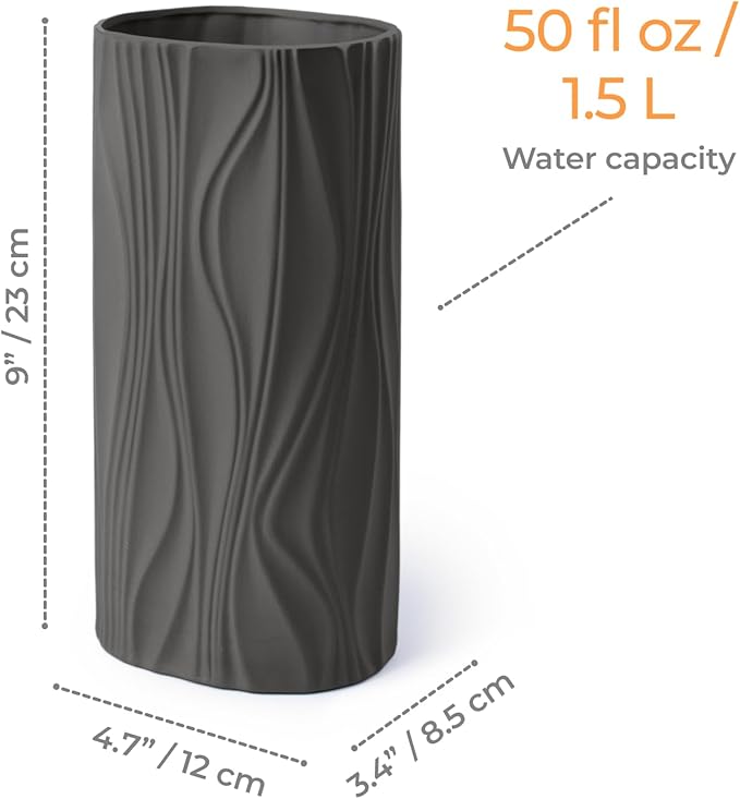 Black Flower Vase - Modern Ceramic Vase for Home Décor - Black Matte Vase for Living Room - Boho Vase for Pampas Grass