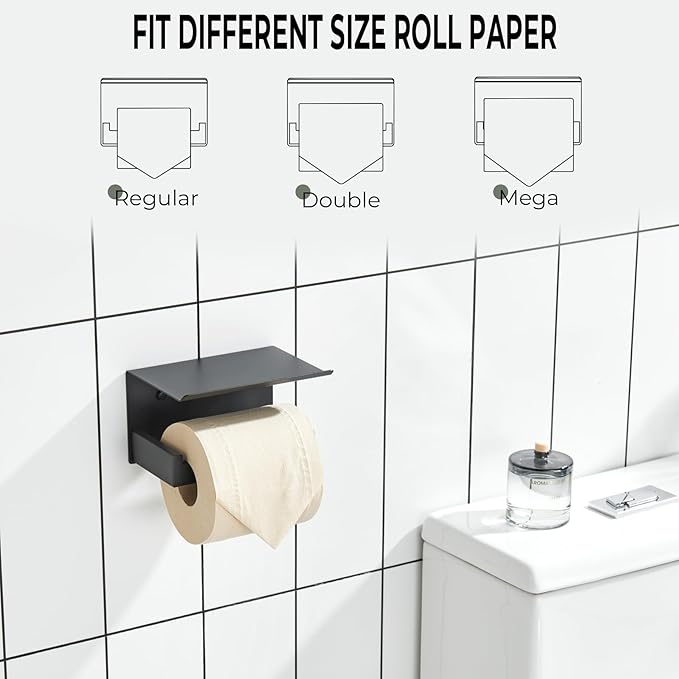 KOKOSIRI Black Toilet Paper Holders with Shelf Bathroom Toilet Paper Roll Holder Matte Black Stainless Steel Wall Mounted, 2 Pack, B2010BK-P2