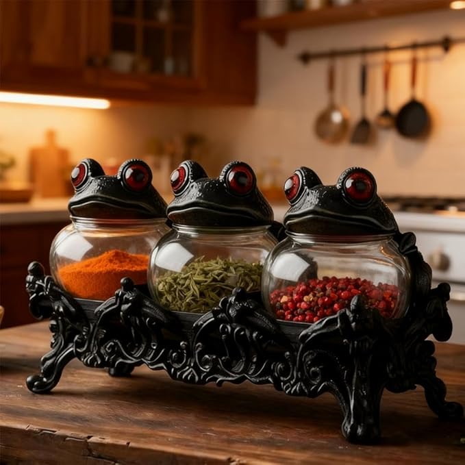 Witchy Frog Apothecary Spice Jars, Handcrafted Vintage Class Apothecary Jars with Frog Lids, Gothic Food Storage Containers, Frogs Spice Jar Fun Salt and Pepper Shakers Seasoning Container