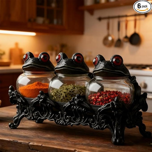 Witchy Frog Apothecary Spice Jars, Handcrafted Vintage Class Apothecary Jars with Frog Lids, Gothic Food Storage Containers, Frogs Spice Jar Fun Salt and Pepper Shakers Seasoning Container