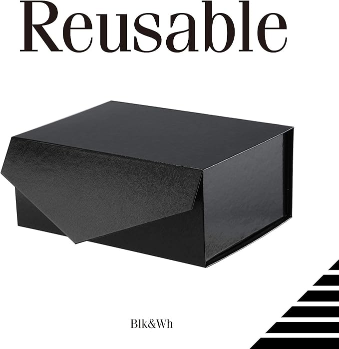 BLK&WH Gift Box 9x6.5x3.8 Inches, Black Gift Box, Groomsman Box, Collapsible Box with Magnetic Closure Lid for Gift Packaging (Glossy Black with Grass Texture)