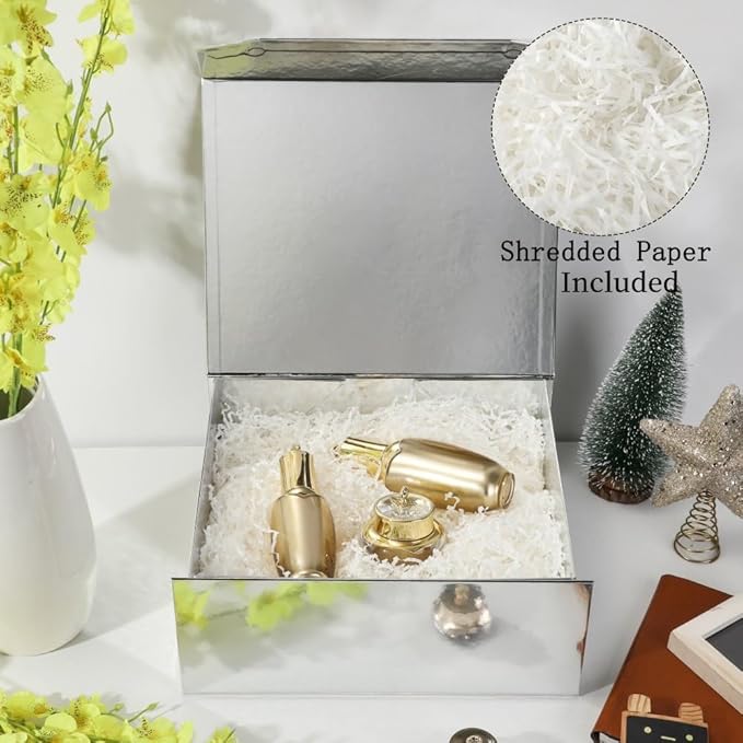 Silver Gift Box - Large 13x11x5.3 Inch - Modern Style - Magnetic Lid - Crinkle Paper - Luxury Gift Box with Lid for Presents