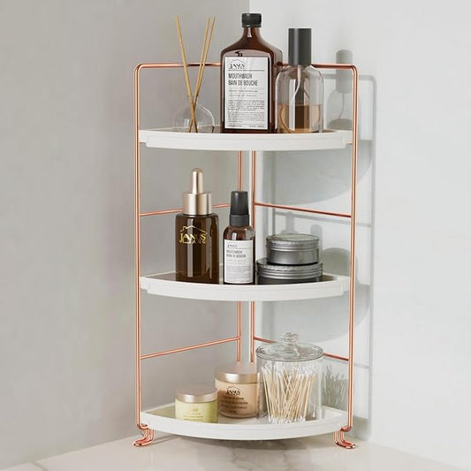 JAUNSLiANG 3-Tier Bathroom Counter Organizer Corner Bathroom Organizer Countertop, Makeup Organizer for Vanity Skincare Organizers and Storage, Perfume Organizer (Rose Gold)