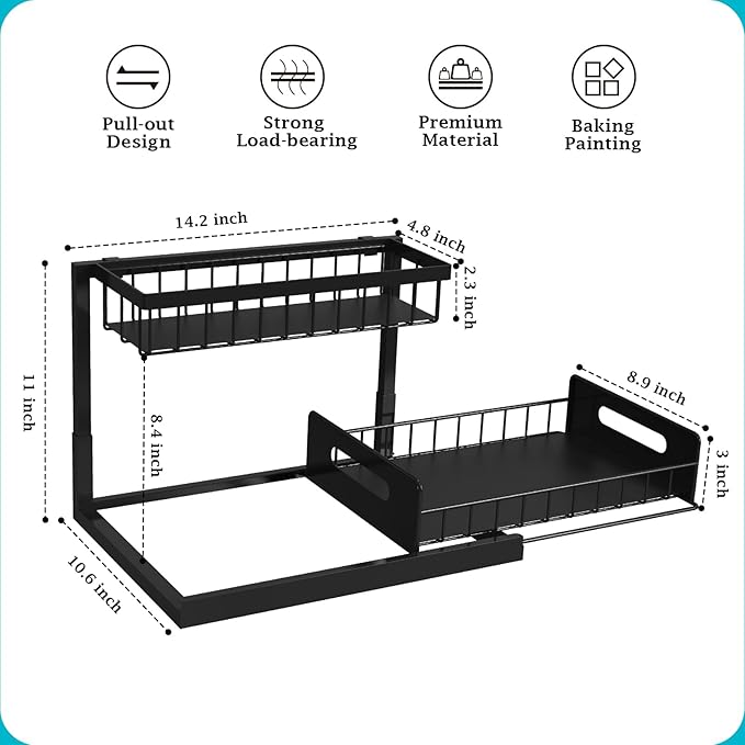 REALINN Under Sink Organizer, Pull Out Cabinet Organizer Slide Out Sink Shelf Cabinet Storage Shelves, Storages for Kitchen Bathroom, Black, 2 Pack