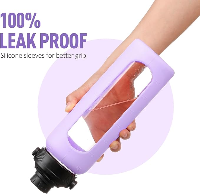 32oz Glass Water Bottle with Straw and 2 Lids- Bamboo and Spout Lid,Motivational Sports Water Bottle with Silicone Sleeve and Time Marker,Reusable for Gym, Outdoors, Purple