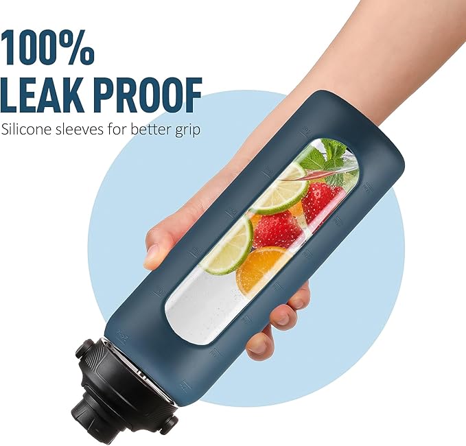 24oz Glass Water Bottle with Straw and 2 Lids-Bamboo and Spout Lid, Borosilicate Glass Water Bottle with Silicone Sleeve and Time Marker,BPA Free & Cupholder Friendly,Dark Blue