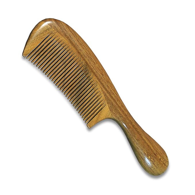 Sharp Fine Tooth Green Sandalwood Comb with Handle - Wooden Thin Hair Detangler Brush for Smoothing & Precision Hair Styling (Anti-Static & Durable)