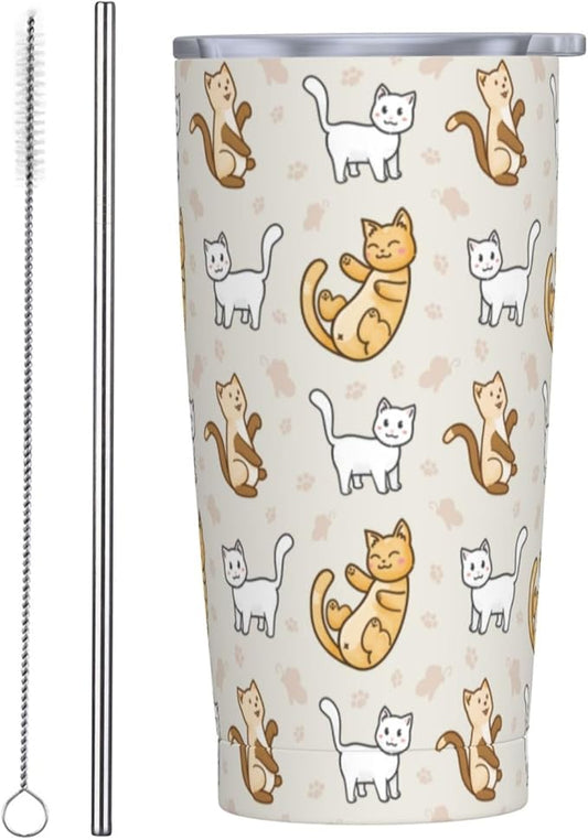 Cute Cat Tumbler,Cat 20oz Stainless Steel Insulated Travel Tumblers,Travel Coffee Mug with Lid and Straw Water Bottle Drink Tumbler Cups Gifts for Women Men Lovers