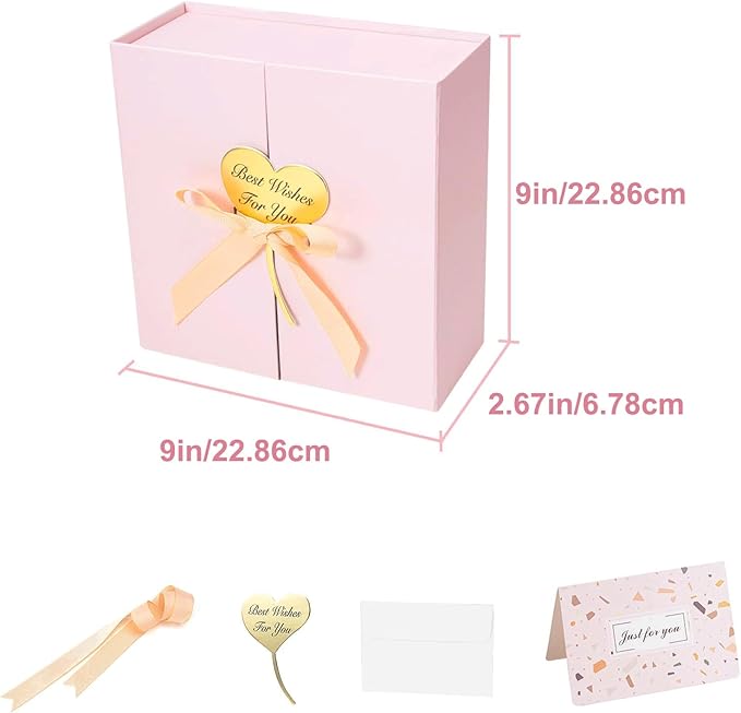 CHARMGIFTBOX Gift Boxes with Lids, 9x9x3 Inch Pink Gift Box with Ribbon Card Fancy Gift Wrap Boxes for Anniversary, Bridesmaid Proposal, Bridal Showers, Weddings, Girlfriend, Valentine's Day