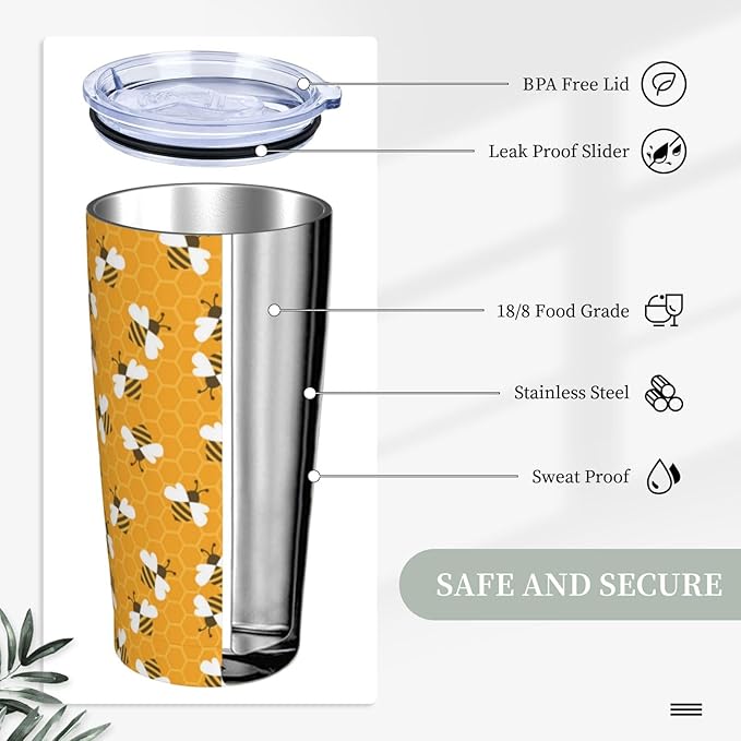 Bumble Bees Tumbler,Bees 21oz Stainless Steel Insulated Travel Tumblers,Travel Coffee Mug with Lid and Straw Water Bottle Drink Tumbler Cups Gifts for Women Men Lovers