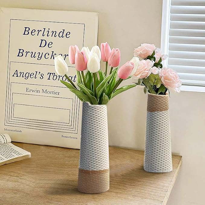 Ceramic Vase Set of 2 for Living Room Bedroom 7.2'' and 6.3'' Small Fake Flower Plant Vases for Home Decor Office Centerpieces Fireplace Retro Rustic Farmhouse Vintage Classic Gift