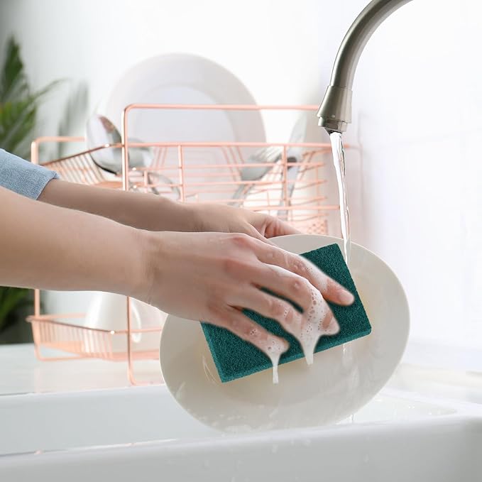 Hoolerry 50 Pcs Heavy Duty Scouring Pads Non Scratch Household Scrub Pads for Cleaning Reusable Pan Scrubber Anti Grease Scrubbing Pads for Dish Kitchen Metal Grills, 4.3 x 3 x 0.3 in (Green)