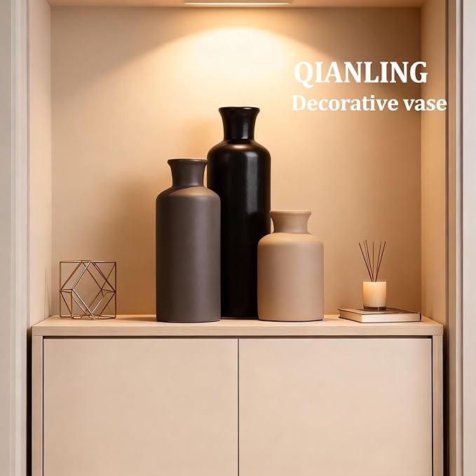 Ceramic Vase Set of 3 - Modern Neutral Vases for Home Decor Rustic Farmhouse Decor Pampas Vase for Table Mantel Entryway Shelf Living Room Kitchen Bathroom