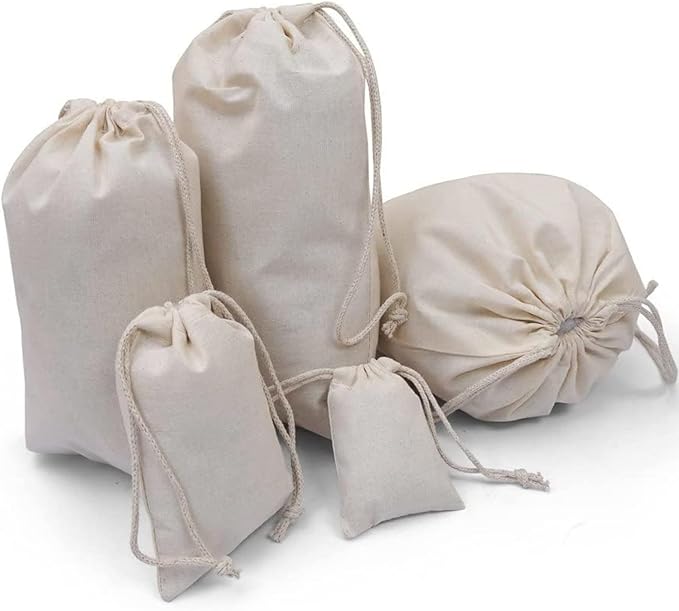 100Pcs 2 x 3 Inches Premium Cotton Muslin Double Drawstring Bags, Reusable Bag Natural Cotton Bags with Drawstring Produce Bags Bulk Gift Bag Jewelry Pouch for Party Wedding Home Storage