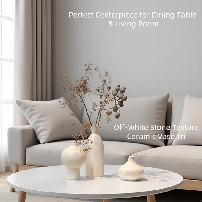 White Ceramic Vase Set of 3 with Stone Texture, Modern Minimalist Pottery Vases for Dried Flowers, Pampas Grass, Rustic Farmhouse & Aesthetic Home Decor for Living Room, Bedroom, Kitchen