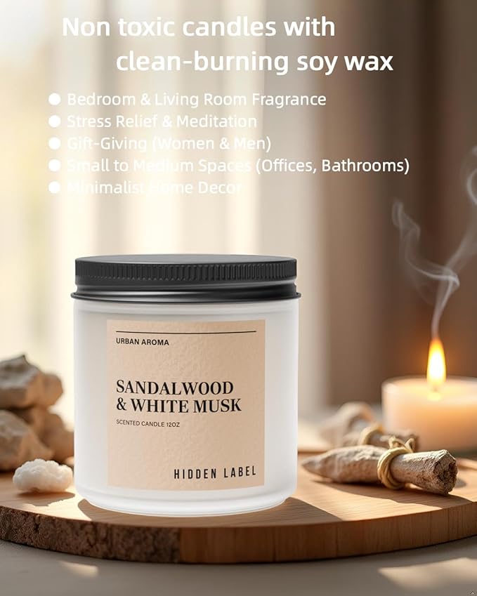 Hidden Label Sandalwood & White Musk Scented Candle - 12oz Natural Soy Non Toxic 70H Burn Time 2 Wick Aromatherapy Candle for Home Decor,Stress Relief & Relaxation