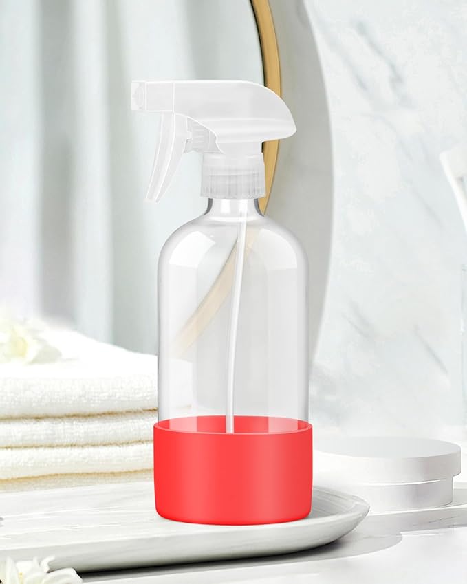 Glass Spray Bottles with Silicone Sleeve Protection, Empty 16OZ Reusable Spray Bottles, Refillable Containers with Spray Nozzles for Cleaning Solutions, Plants and Essential Oils 1 Pack Red