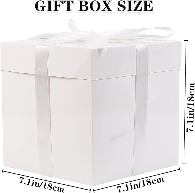 Jaywayang 5 Pack White Gift Boxes with Lids, Ribbons and Tissue Papers Square Gift Boxes - 7.1 Inch - Birthday, Wedding, Presents Wrapping, Mother's Day, Valentine's Day Decoration Party Favor Boxes.
