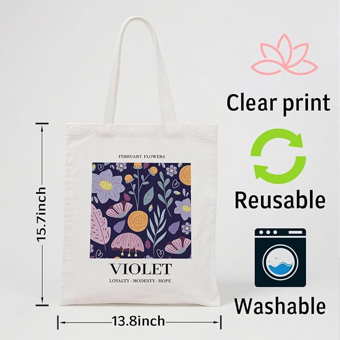 Flower Canvas Tote Bag, February Violets Reusable Shoulder Bags, Gifts to Friends and Family, Holiday Gift Bags for Wrap Storage, Casual Canvas Totes for Work Traveling