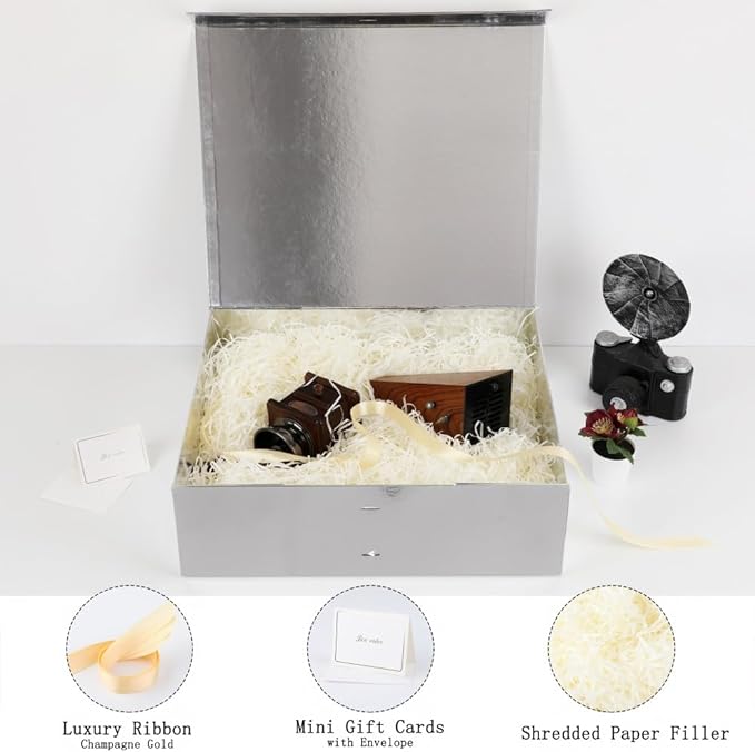 Extra Large Magnetic Gift Box with Lids 3 Pack 19x16x6 Inch Silver Large Gift Box with Ribbon Foldable Gift Boxes for Presents Jumbo Box with Shredded Paper & Cards for Groomsman Proposal