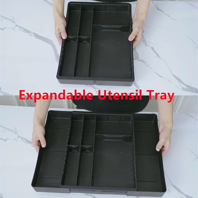 Fu Store Silverware Drawer Organizer DIY Customize Expandable Utensil Tray for Kitchen Upgraded Flatware Cutlery Holders Adjustable Plastic Tableware Storage for Spatula Spoons Forks Knives (Black)