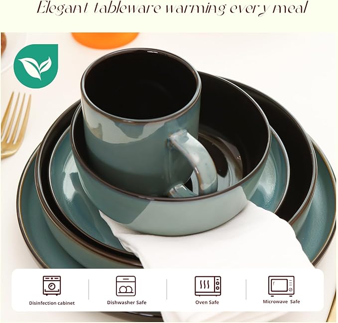 HomeVSS 20-Piece Dinnerware Set - Serves 4, Reactive Glaze Green Plates & Bowls Set | Microwave & Dishwasher Safe Dishes Set