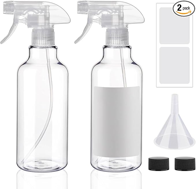 Plastic Spray Bottles 12oz 2 Pack Adjustable Mist/Stream Spraying Heavy Duty Square Water Spray Bottles for Hair, Cleaning Solutions, Plants，Essential Oils (Clear)