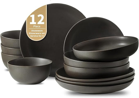 Ceramic Dinnerware Sets, Stoneware Plates and Bowls Sets, Farmhouse 12 Piece Dish Set for 4, Plates Set for Kitchen, Scratch Resistant, Dishwasher & Microwave Safe, Matte Black