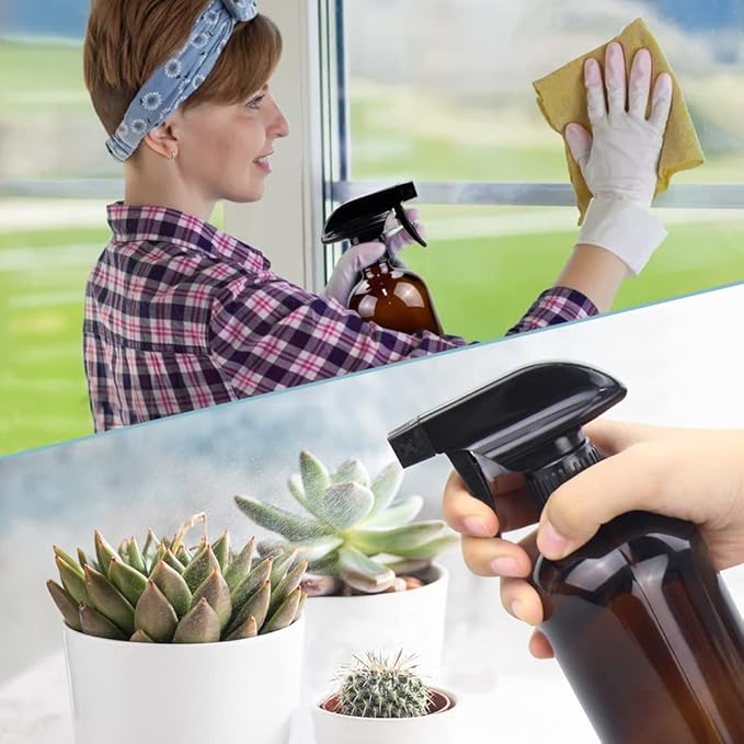 Glass Spray Bottle, Amber Glass Spray Bottle Set & Accessories Refillable for Plants Window Cleaners Aromatherapy Facial Hydration Watering Flowers Hair Care (2 Pack/16 oz) (Amber)