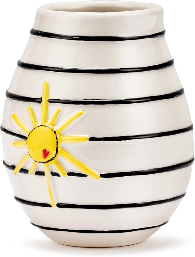 DEMDACO Black and White Stripe Yellow Sun 4 x 5 Stoneware Mini Decorative Vase