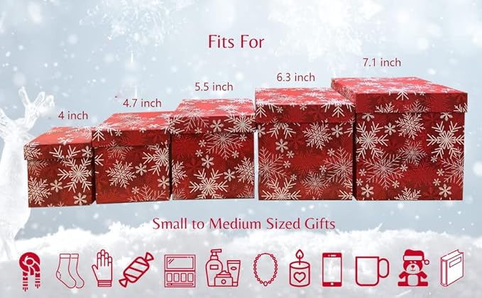UNIQOOO 5PCS Christmas Nesting Gift Boxes with Lid, Xmas Nested Box Set, 5 Sizes, Square Stackable, Red White Snowflake Candy Cane Paper Box Tower Décor, for Holiday Thanksgiving New Year Packaging