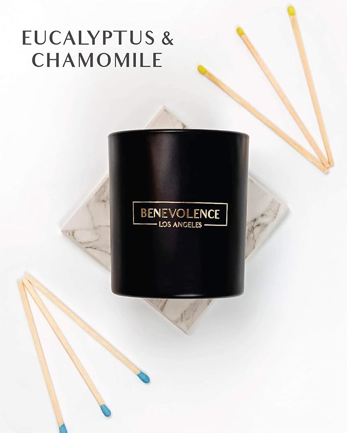 Benevolence LA Eucalyptus & Chamomile Christmas Scented Candles | Soy Candles, Black Candle for Home | Holiday Candle Gifts for Women and Men | Home Fragrance | Aromatherapy | 8oz, 45 Hour Burn