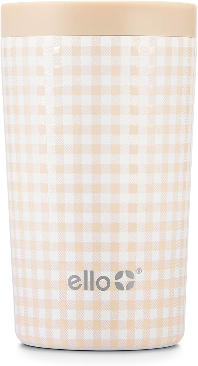 Ello Jones 11oz Insulated Stainless Steel Travel Mug with Leak-Proof Slider Lid, Single Serve Small Coffee Tumbler, Keeps Drinks Hot 3 Hours Cold 8 Hours, BPA-Free, Beige Gingham