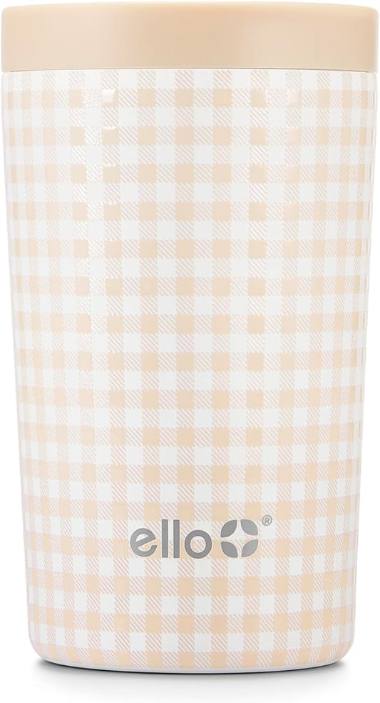 Ello Jones 11oz Insulated Stainless Steel Travel Mug with Leak-Proof Slider Lid, Single Serve Small Coffee Tumbler, Keeps Drinks Hot 3 Hours Cold 8 Hours, BPA-Free, Beige Gingham
