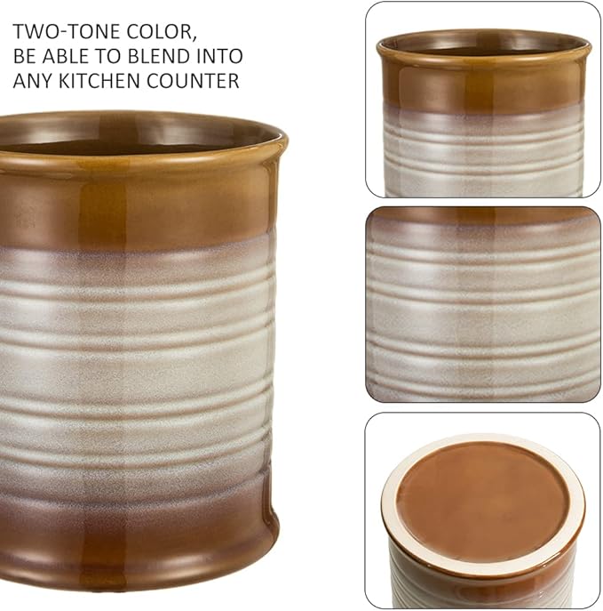 Nihow Kitchen Utensil Holder: 7.2 Inch Extra Large Ceramic Utensil Holder for Countertop - Stable Utensil Crock for Kitchen Counter Decor - Elegant Brown (1PC)