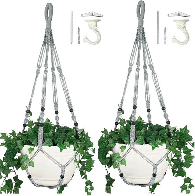 2 Pack 43 Inches Macrame Planter Hanger Large for 12 inch Pot + Swag Hook (Extra Long & Big) | Large Hanging Planter for Indoor Plants | No Tassel, Cotton Rope, No Pot/Plant Included