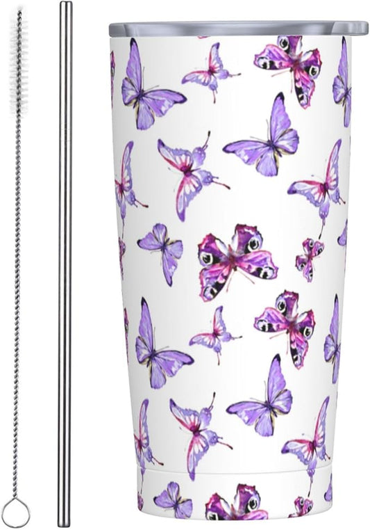 Pink Blue Butterflies Tumbler,Butterflies 20oz Stainless Steel Insulated Travel Tumblers,Travel Coffee Mug with Lid and Straw Water Bottle Drink Tumbler Cups Gifts for Women Men Lovers