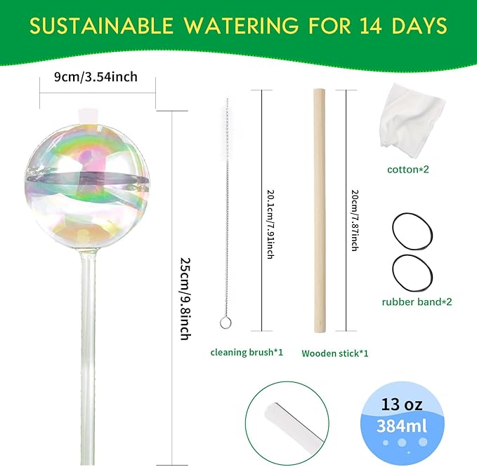 ZephyrBloom 13 oz Up 2 Weeks Large Plant Watering Globes & Bulbs, Self Watering Glass Globes to Water Plants While Away, Indoor Outdoor Automatic Slow-Release Watering Bulbs for Houseplants 2 Pack