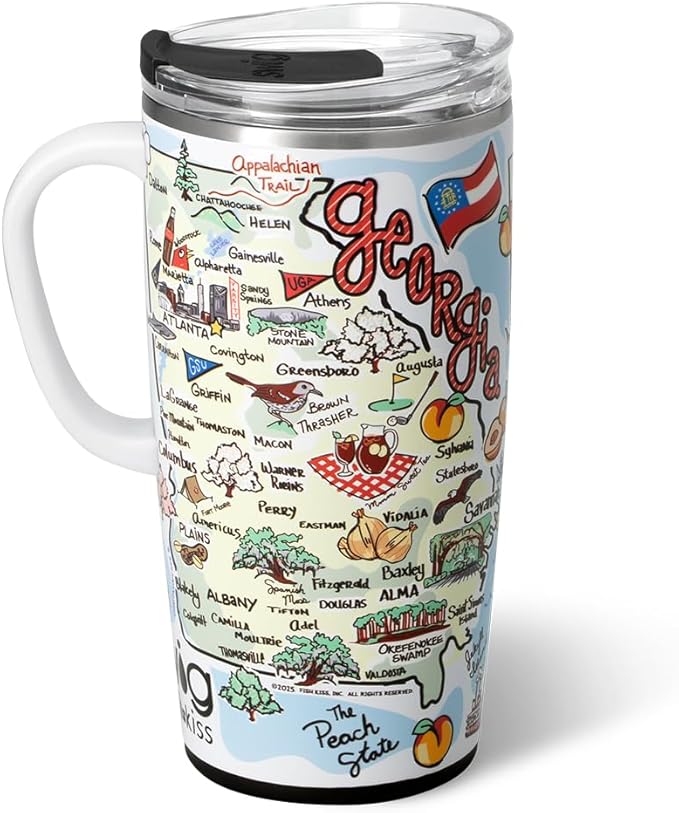 Swig Life 22oz Travel Mug, Insulated Tumbler with Handle and Lid, Travel Coffee Mug, Cup Holder Friendly, Stainless Steel 22 oz Tumbler, Reusable Insulated with Lid (Georgia)