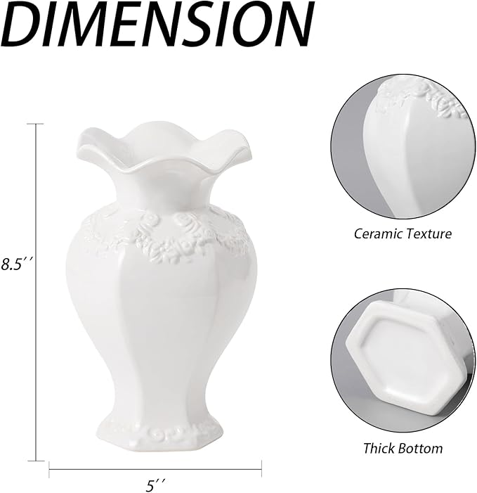White Ceramic Vase, Decorative Vases for Modern Home Decor, Farmhouse Minimalist Decor, Boho Flower Vases for Living Room, Bedroom, Kitchen, Dining Table, Office, Wedding, 8.5 Inches